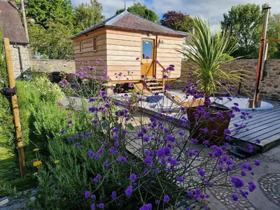 a small wooden house in a garden with purple flowers at Secret Garden Cottage in Lampeter