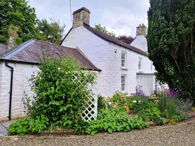 a white house with a garden in front of it at Secret Garden Cottage in Lampeter