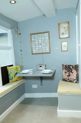 a blue room with a desk and a window at Pepper House Rooms - shared facilities - pet friendly in Ludlow