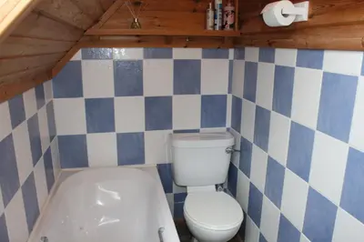 a small bathroom with a toilet and a tub at Luxurious lodge near Barmouth in Dyffryn