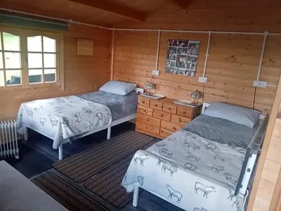 two beds in a room with wooden walls at Moonlight View in Newtown