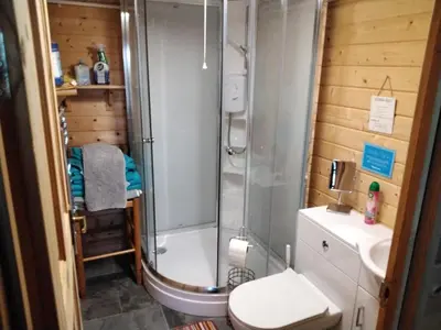 a bathroom with a shower and a toilet and a sink at Moonlight View in Newtown