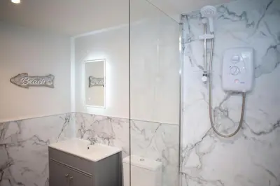 a bathroom with a shower with a toilet and a sink at Dolphin View New Quay in New Quay