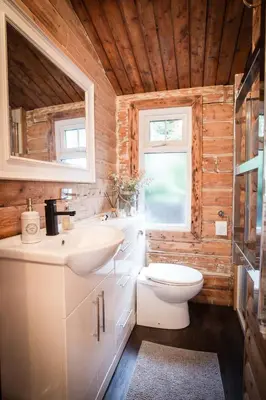 a bathroom with a toilet and a sink and a window at Wunder Lodge - Snowdonia Log Cabin in Trawsfynydd