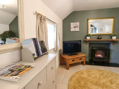 a living room with a tv and a fireplace at The Talkhouse Cottage in Caersws