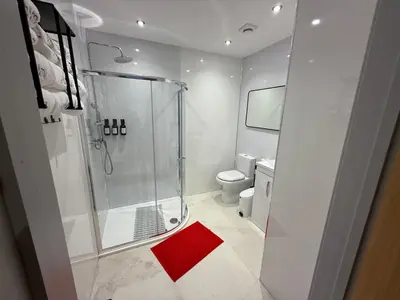 a bathroom with a shower and a red rug at Nantsidyll Farm Spa & Holiday Lodges in Mydroilin