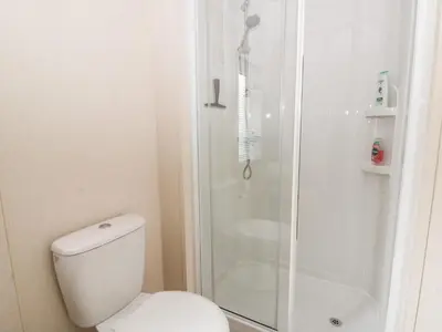 a white bathroom with a shower and a toilet at Beechwood Lodge in Borth