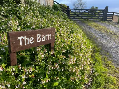 a sign that says the barn in front of flowers at Oakies Farm Stays XL in Llandovery