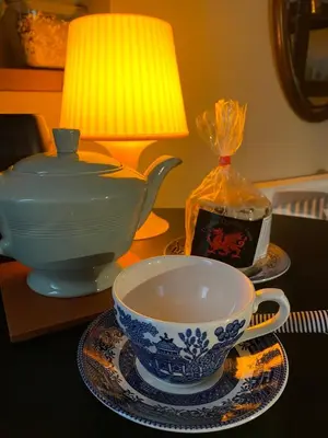 a tea pot and a bowl on a table with a lamp at Pont Wrysgen Cottage 'the gateway to Snowdonia' in Mallwyd