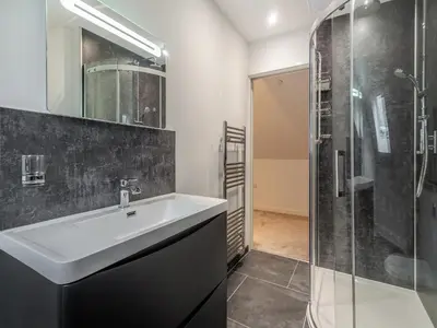 a bathroom with a sink and a shower at The Aran - Uk51067 in Frongoch