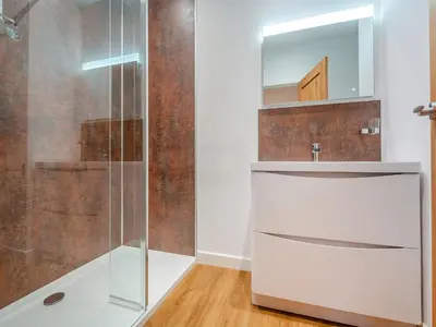 a bathroom with a shower and a sink at The Aran - Uk51067 in Frongoch