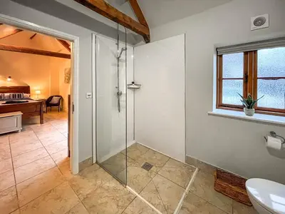 a bathroom with a shower and a toilet and a sink at Lower House Barn in Staunton on Wye