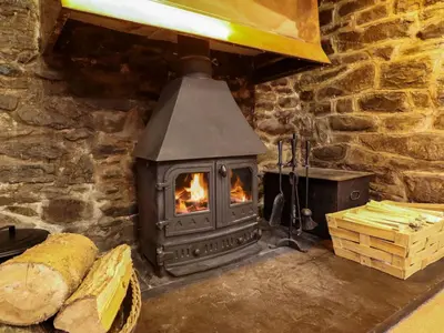 a wood stove in a stone room with logs at Bryn Y Garreg Cottage - The Wireless Tech Free Farm in Llangadfan