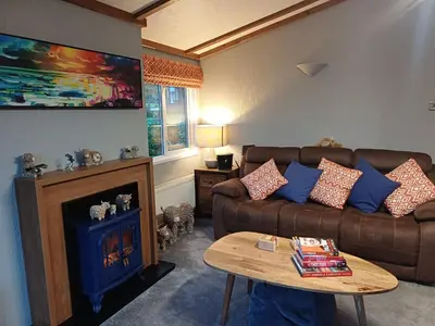 a living room with a couch and a fireplace at The Little lodge on the lake in Welshpool