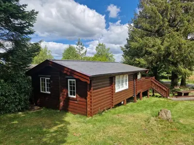 a log cabin in a field with trees at Cabin Retreat in Trawsfynydd