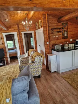 a living room with a couch in a log cabin at Cabin Retreat in Trawsfynydd