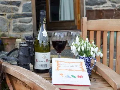 a table with a cake and a bottle of wine at Swallow Barn in Llanwrtyd Wells
