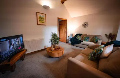 a living room with a couch and a tv at Irfon Cottage in Builth Wells