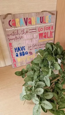 a sign on a wall next to a plant at Dinas in Llanbedr