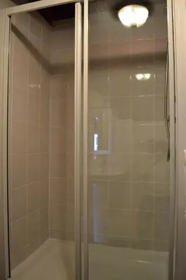 a shower with a glass door in a bathroom at The Red Lion in Llangadog