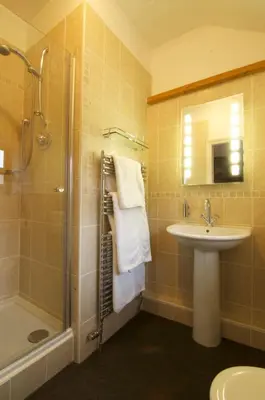 a bathroom with a sink and a shower and a toilet at Dolffanog Fawr in Tal-y-llyn