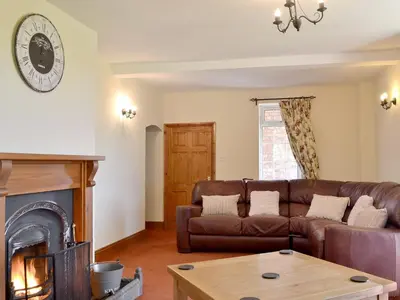 a living room with a couch and a fireplace at Cefnaire in Newtown