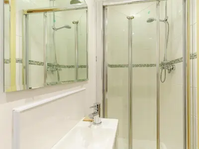 a bathroom with a shower and a sink and a mirror at Cwmhyfryd in Llanllwchaiarn