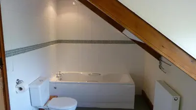 a bathroom with a bath tub and a toilet at Beacons View Farm Cottages in Merthyr Cynog
