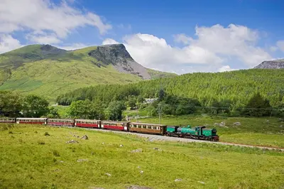 a train on the tracks in a field with mountains at Becws Clyd in Trawsfynydd
