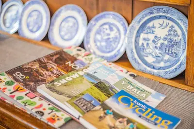 a group of blue and white plates on a shelf at 2 Bed in Bala oc-82768 in Llandderfel