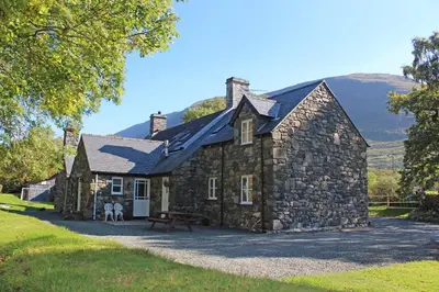 an old stone house with two dogs in front of it at Granar Gynolwyn in Abergynolwyn