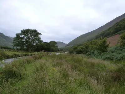 a river in a field with mountains in the background at Granar Gynolwyn in Abergynolwyn