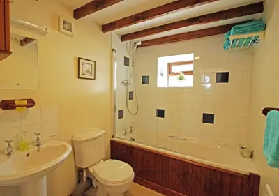 a bathroom with a toilet and a tub and a sink at Ty Clyd in Cross Inn