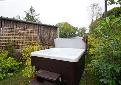 a bath tub sitting in a garden next to a fence at Ty Clyd in Cross Inn