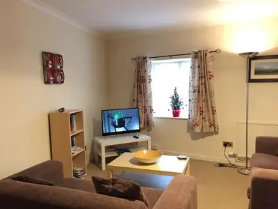 a living room with a couch and a tv at No 6 Boleyn House in Brecon