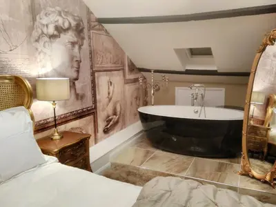 a bedroom with a bath tub and a bed at The Town House BnB in Brecon