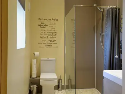 a bathroom with a toilet and a shower at Roath in Cilcennin
