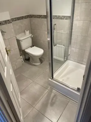 a bathroom with a toilet and a shower stall at Bodalwyn Guest House in Aberystwyth