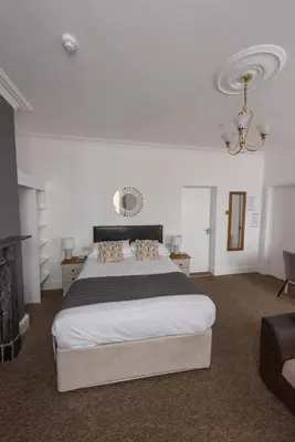 a bedroom with a large bed and a fireplace at Abbots Mead Hotel in Shrewsbury