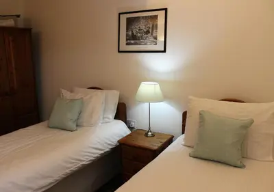 a bedroom with two beds and a lamp on a night stand at Dee Valley Cottages in Llangollen
