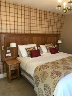 a bedroom with a large bed with red pillows at Plas Yn Dre in Bala