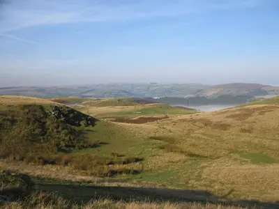 a view of a grassy field with hills in the background at Ceiros Cottage in Llangammarch Wells