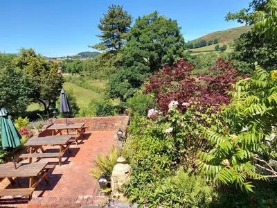 a row of tables and umbrellas in a garden at Bron-Y-Graig in Corwen