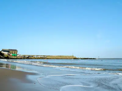 a beach with the ocean and a pier in the background at Montrose in New Quay