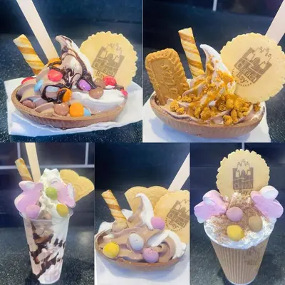 a collage of four pictures of an ice cream cone at Sea retreat caravans in Aberystwyth