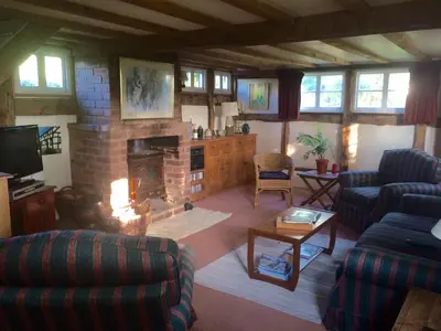 a living room with couches and a fireplace at Yew Tree Cottage in Leominster