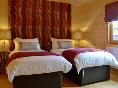 two beds in a room with wooden walls at Ty Pren in Dyffryn