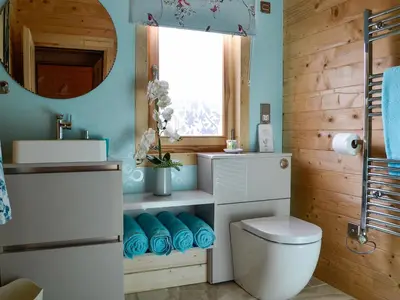 a bathroom with a toilet and a sink and a mirror at Ty Pren in Dyffryn
