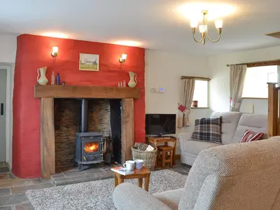a living room with a fireplace and a couch at Bryntrisant in Devils Bridge