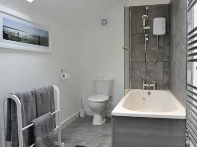 a bathroom with a sink and a toilet and a shower at Bryn Aled in Llanfachreth